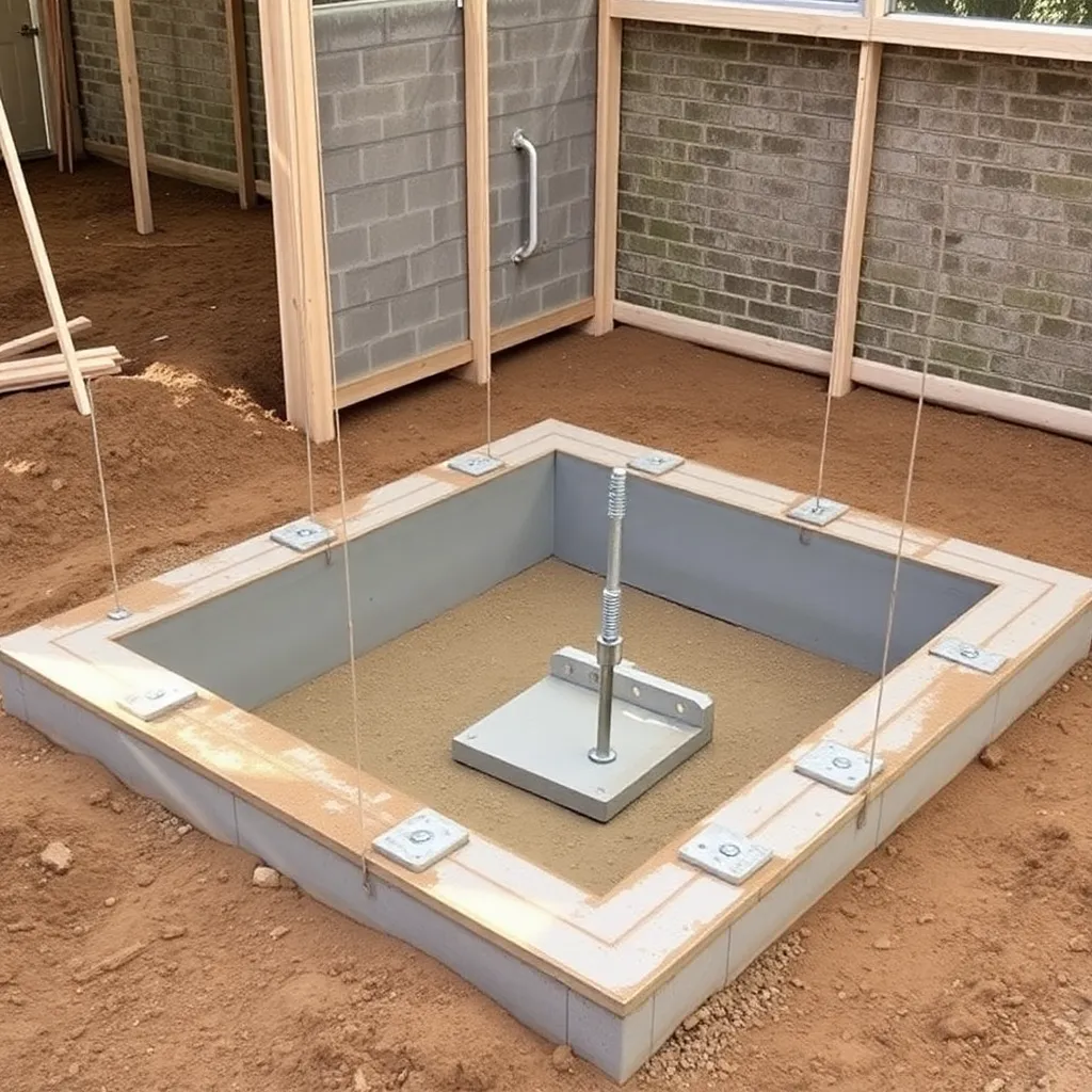 Concrete footings being poured for gothic arch greenhouse with J-bolts set for base plates