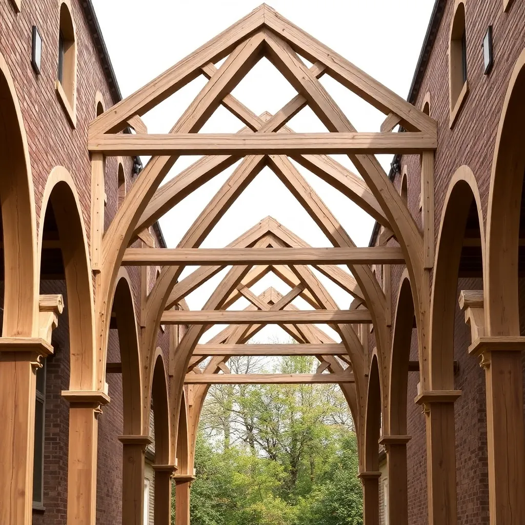 Completed gothic arch laminated wood ribs standing in a row connected by horizontal purlin boards