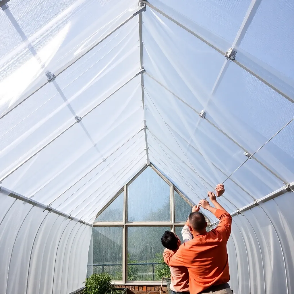 Polyethylene film being stretched over gothic arch greenhouse ribs and secured with wiggle wire channels