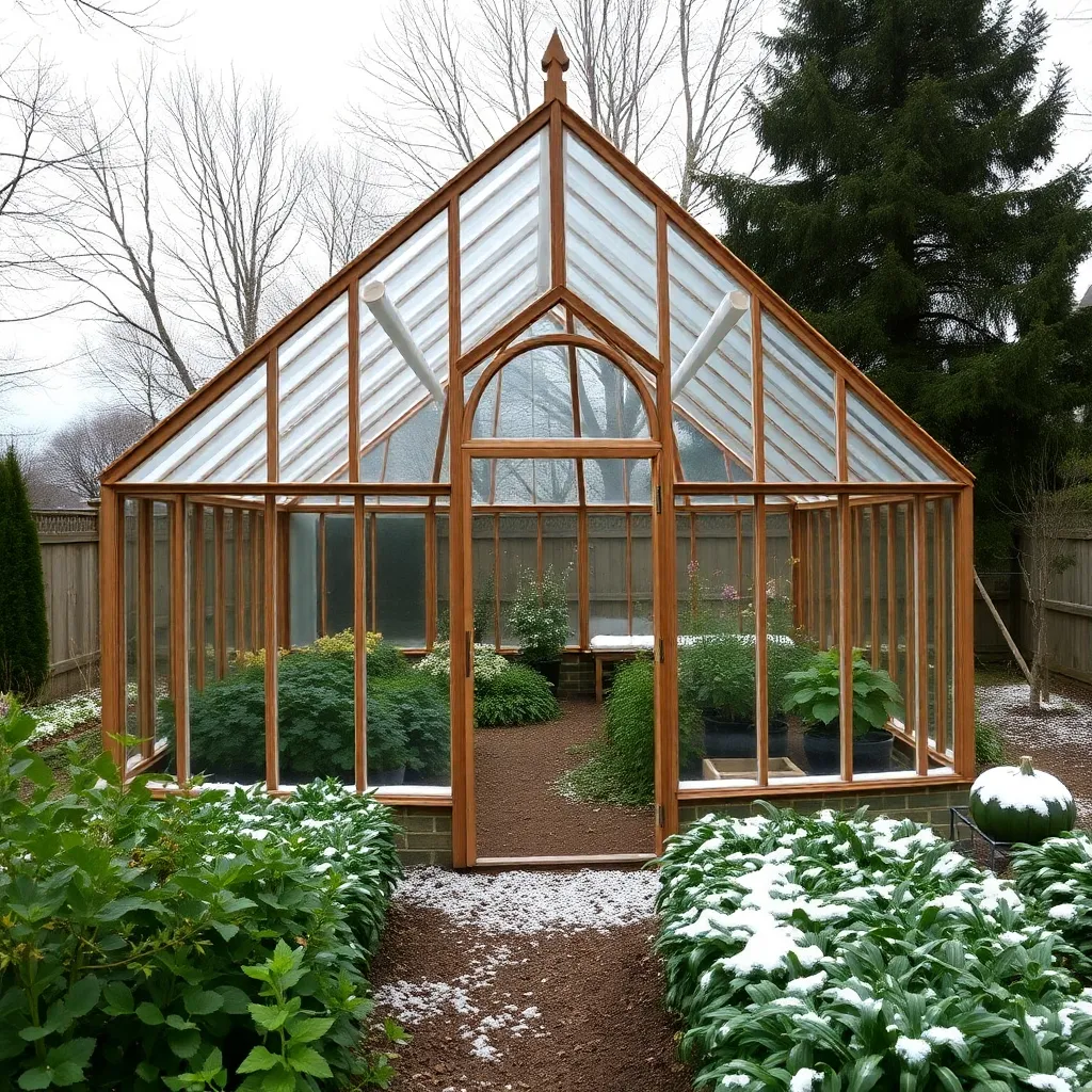 Completed gothic arch greenhouse with pointed profile and poly film cover in winter garden with snow