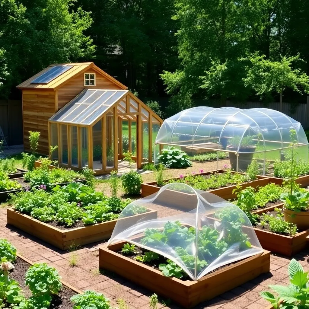 Beautiful backyard garden with cedar greenhouse PVC hoop house and cold frame on raised vegetable beds