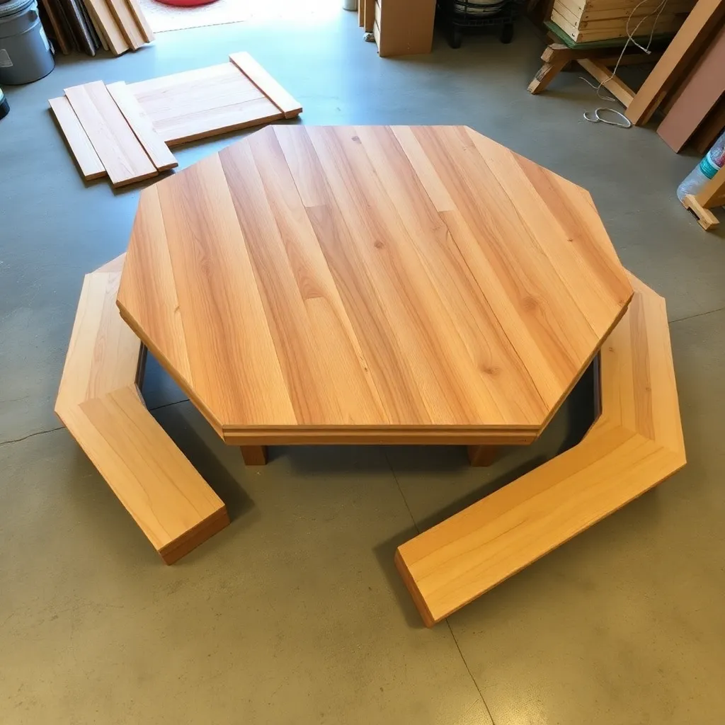 Cedar lumber with 30-degree miter cuts and hardware laid out for building a hexagonal picnic table