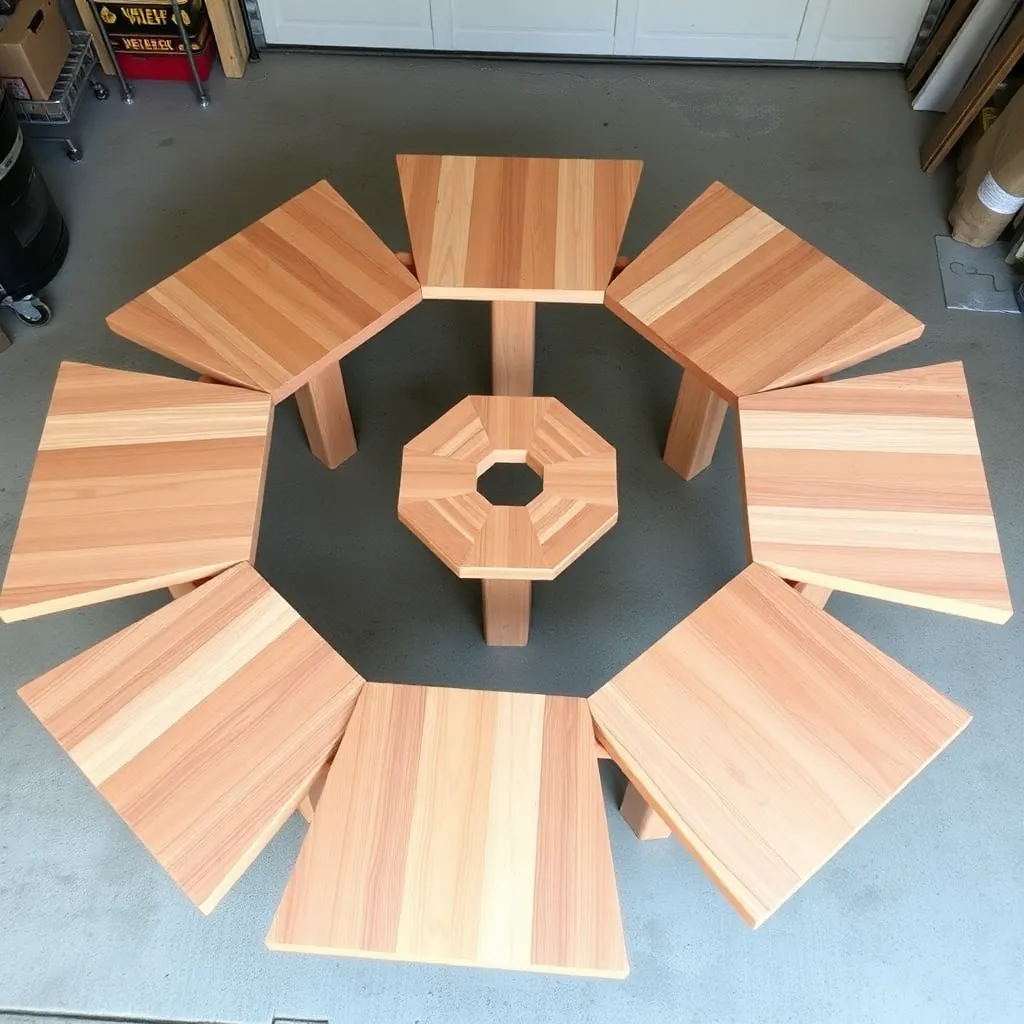 Six cedar trapezoidal sections arranged in a ring forming a hexagonal picnic table top assembly