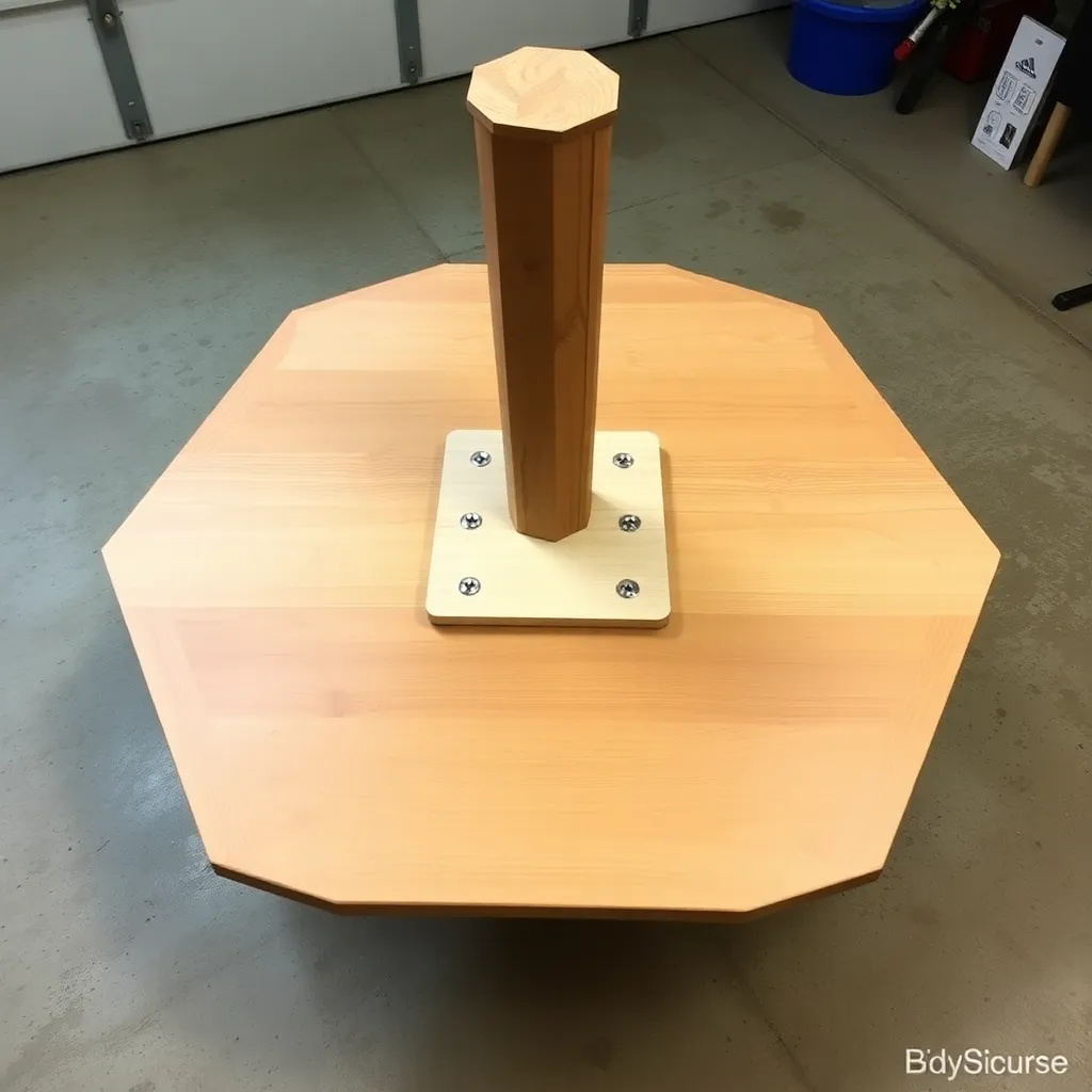 Cedar center post with top plate being attached to underside of hexagonal picnic table top