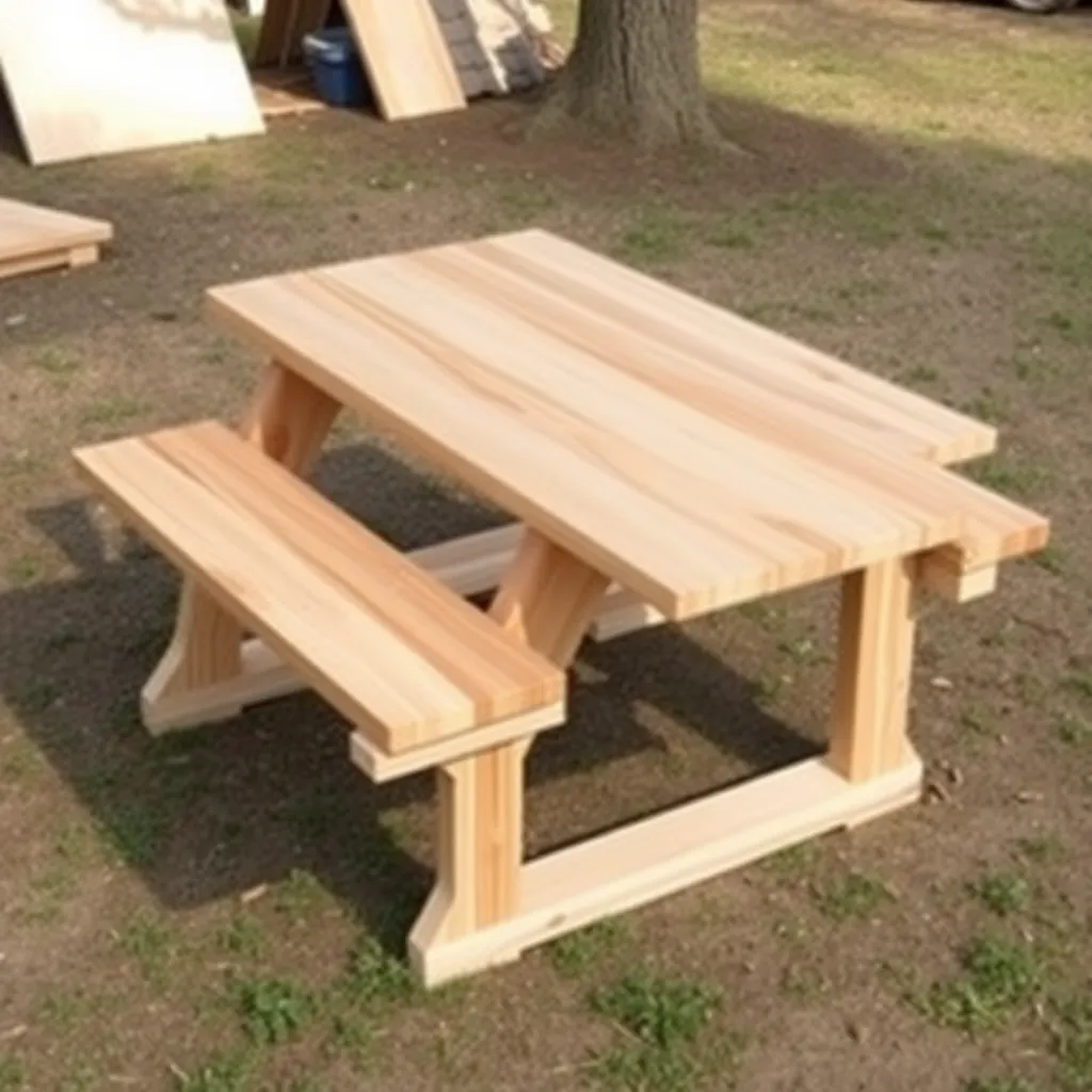 Cedar bench section with support frame and angled legs being built for a hexagonal picnic table