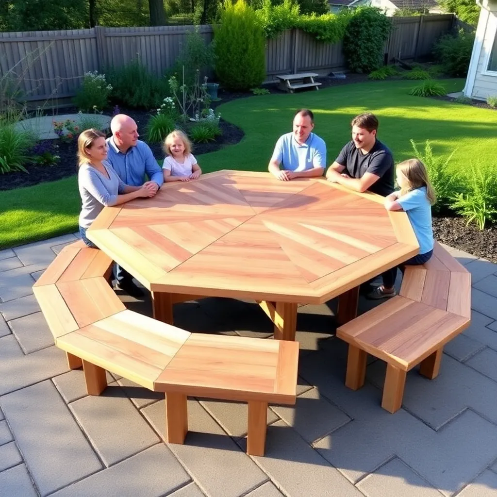 Finished hexagonal cedar picnic table with six bench sections, family seated around it in a backyard garden
