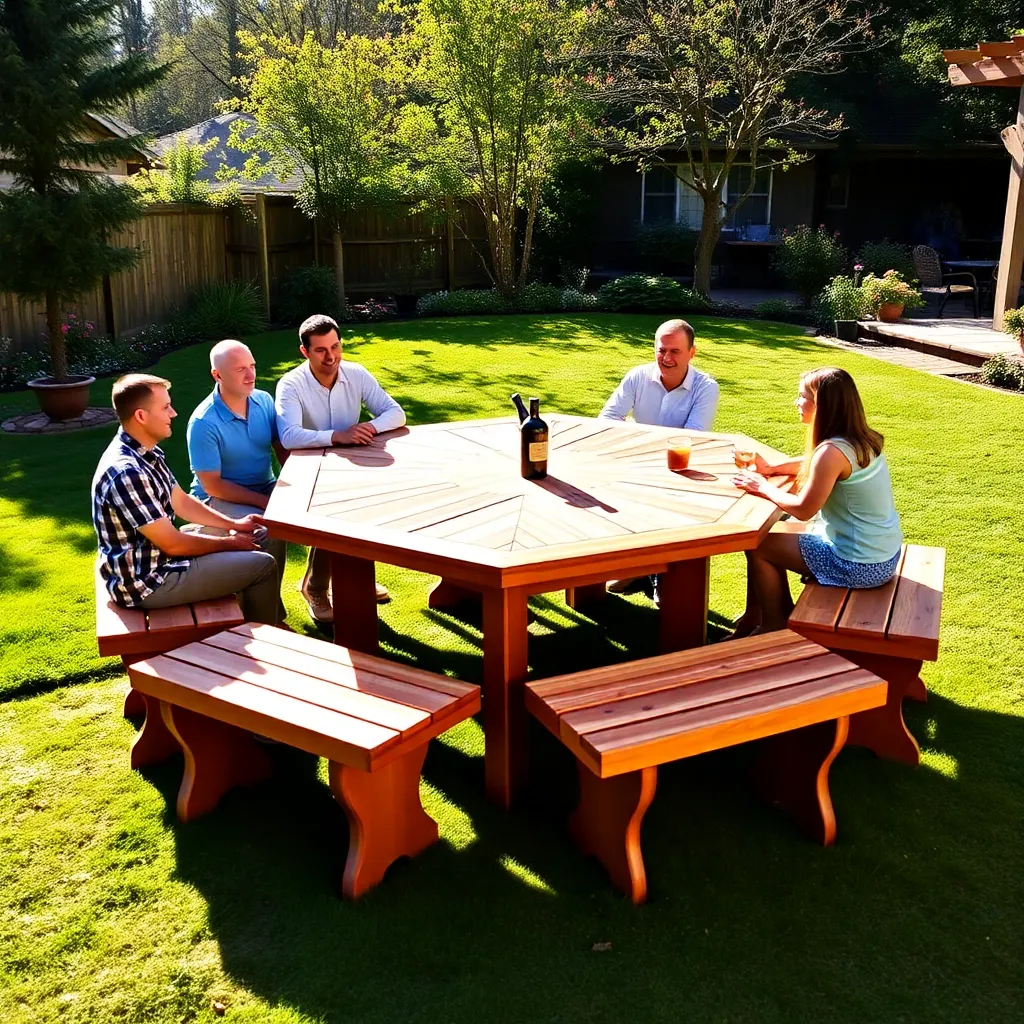 Beautiful hexagonal cedar picnic table with six bench sections, family of six seated in a sunny backyard