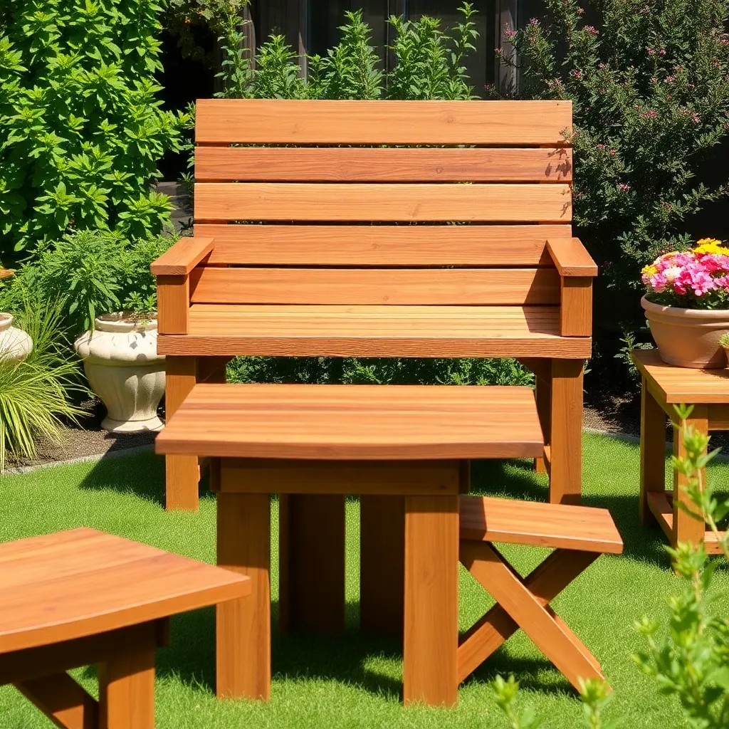 Beautiful DIY outdoor wooden furniture with rich natural finish in a sunny garden