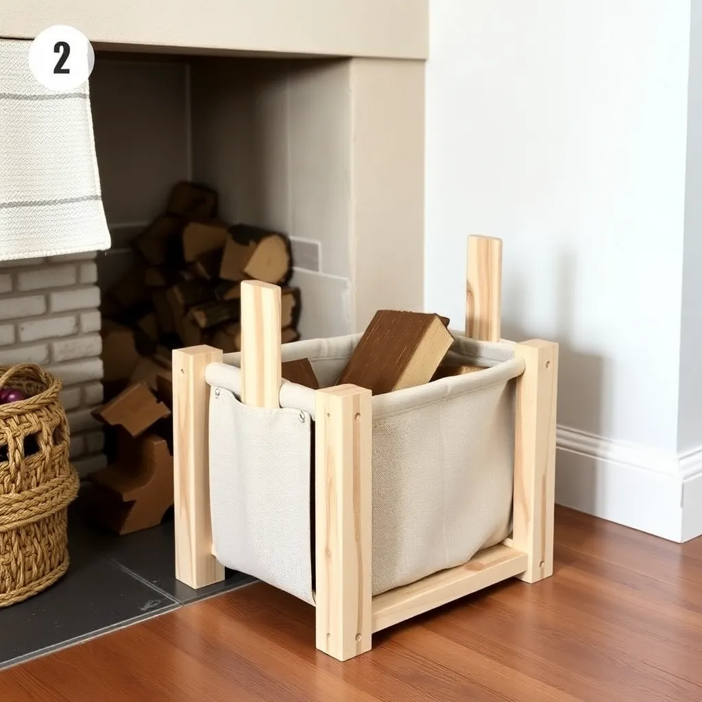 Scandinavian birch log holder with canvas sling beside fireplace - Step 2: Build the Scandinavian Birch Log Holder