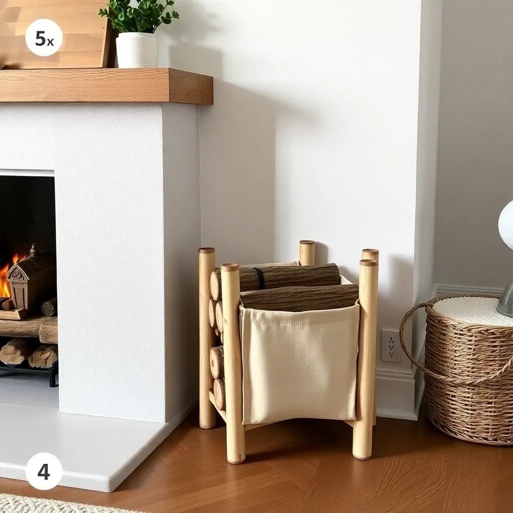 Scandinavian birch log holder with canvas sling beside fireplace - Step 4: Build the Built-In Fireside Alcove