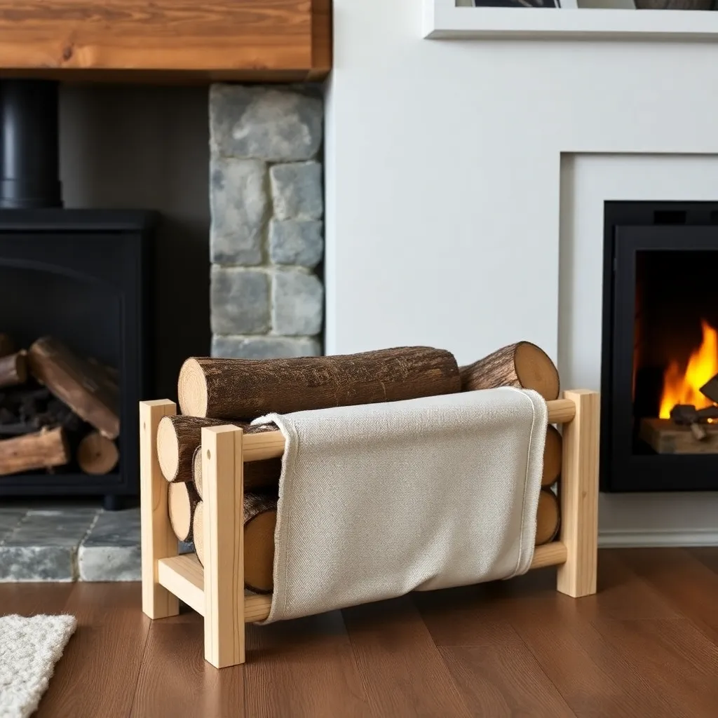 Scandinavian birch log holder with canvas sling beside fireplace - Step 5: Manage Bark and Debris