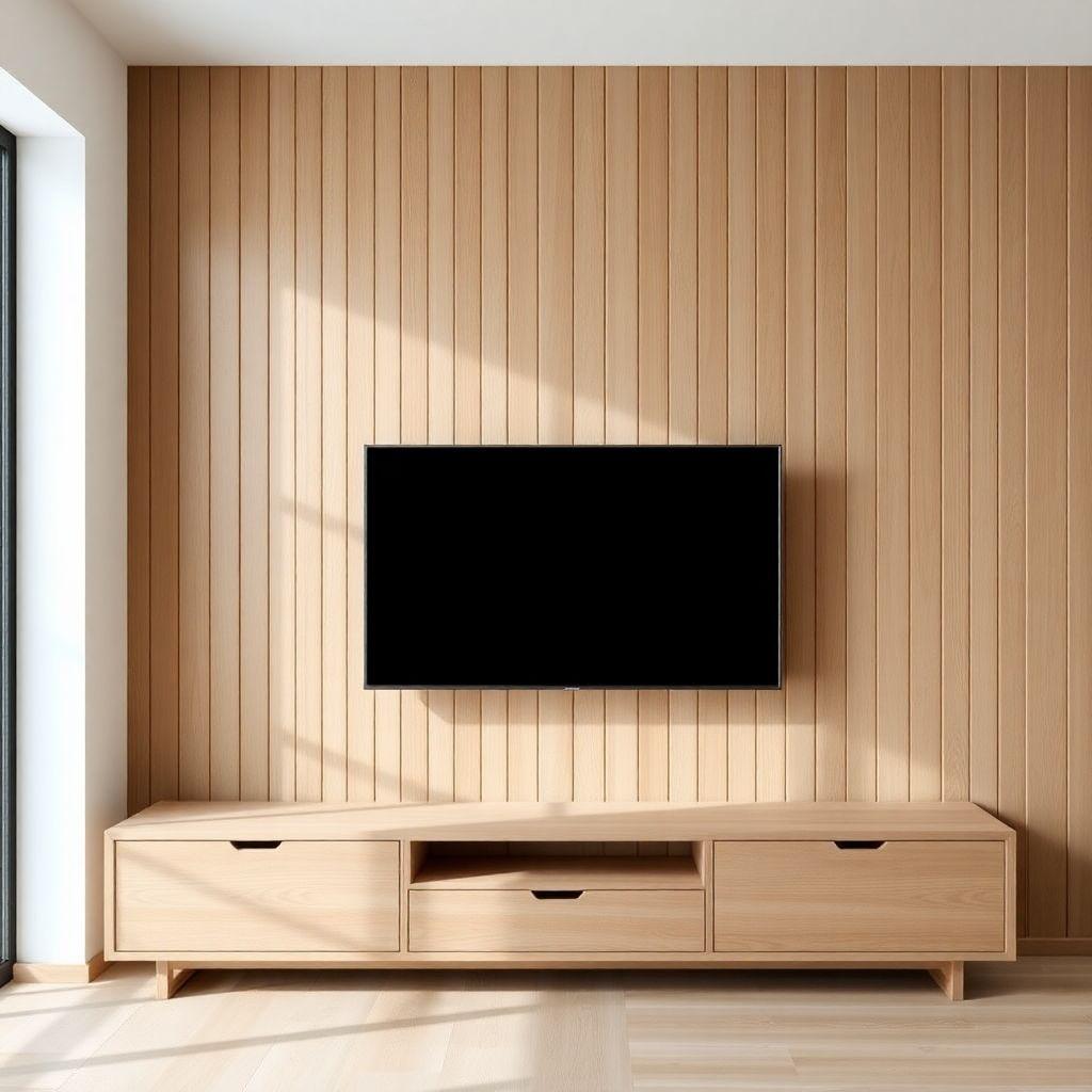 Japandi style slatted white oak TV wall with matte finish woodworking trend 2026