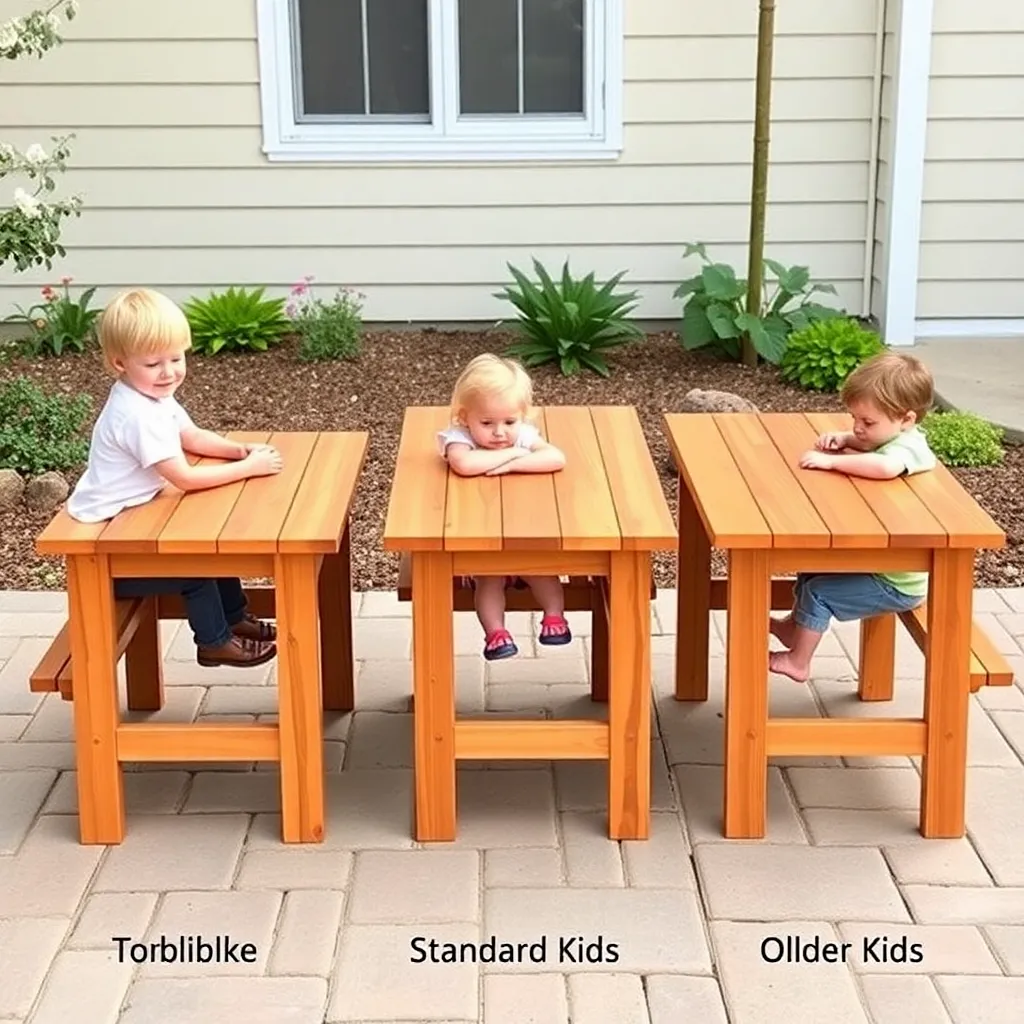 Three kids picnic tables of different heights showing toddler, standard, and older kids sizing