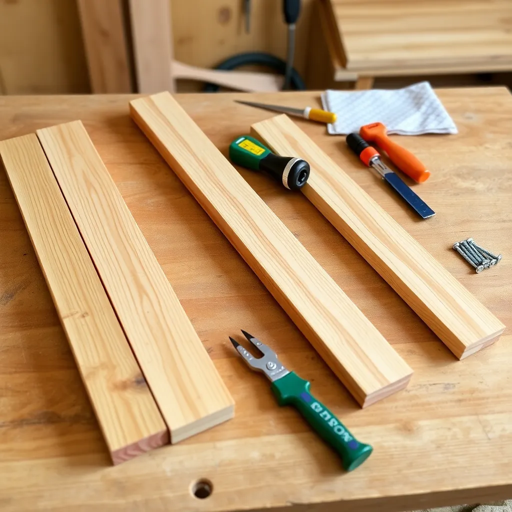 Cedar 1x4 and 1x6 boards and hardware laid out for building a kids picnic table