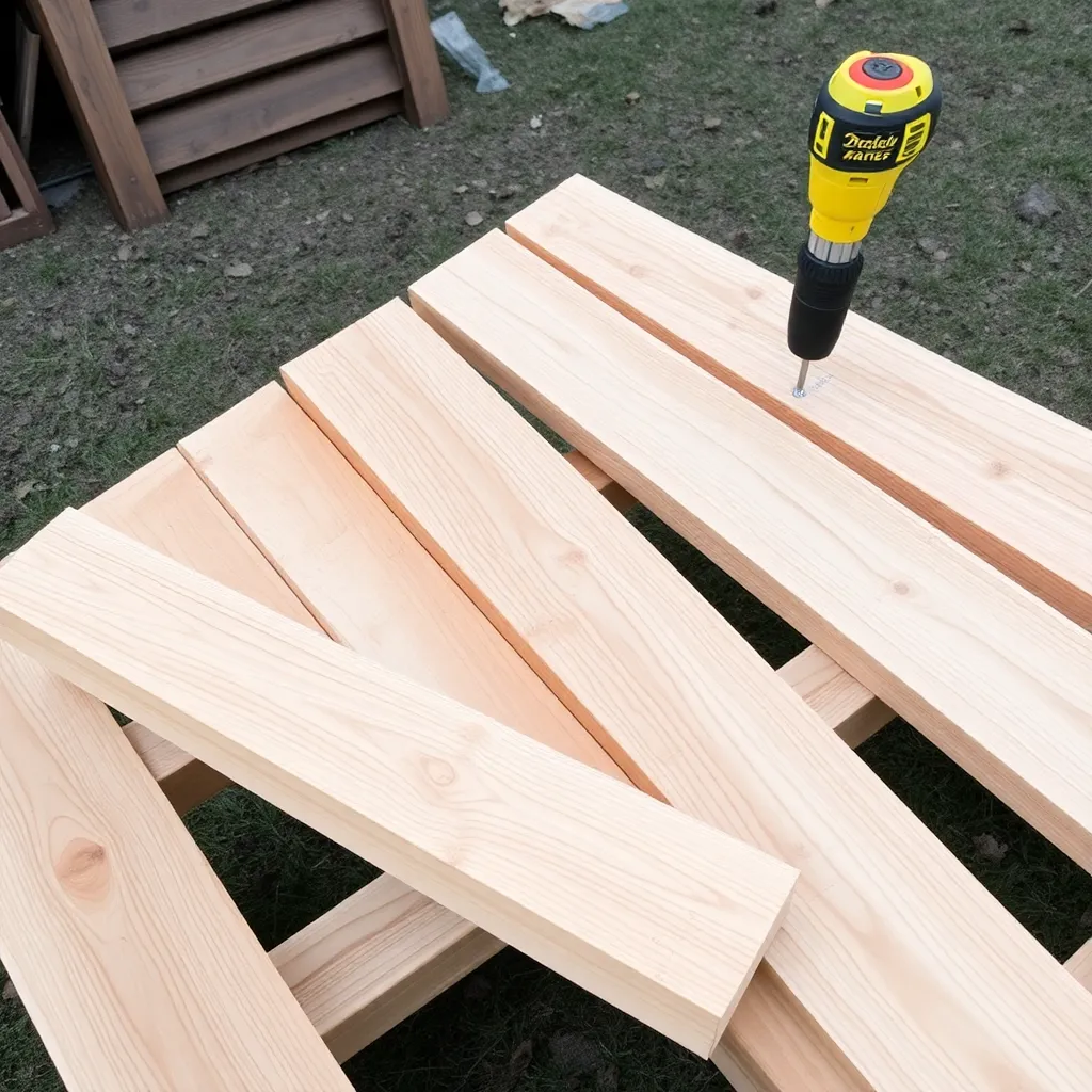 Installing tabletop and bench boards on a kids picnic table frame with quarter-inch gaps