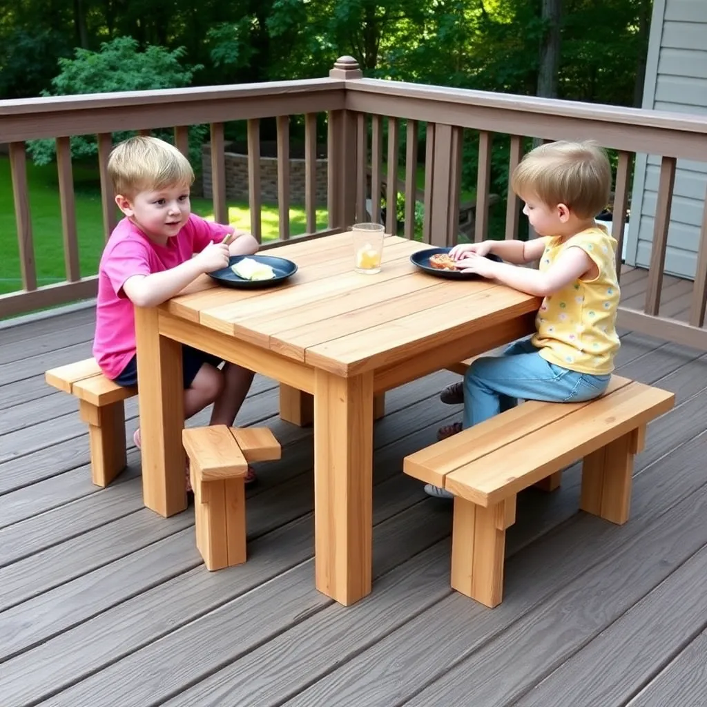 Finished cedar kids picnic table with two young children seated eating snacks on a backyard deck
