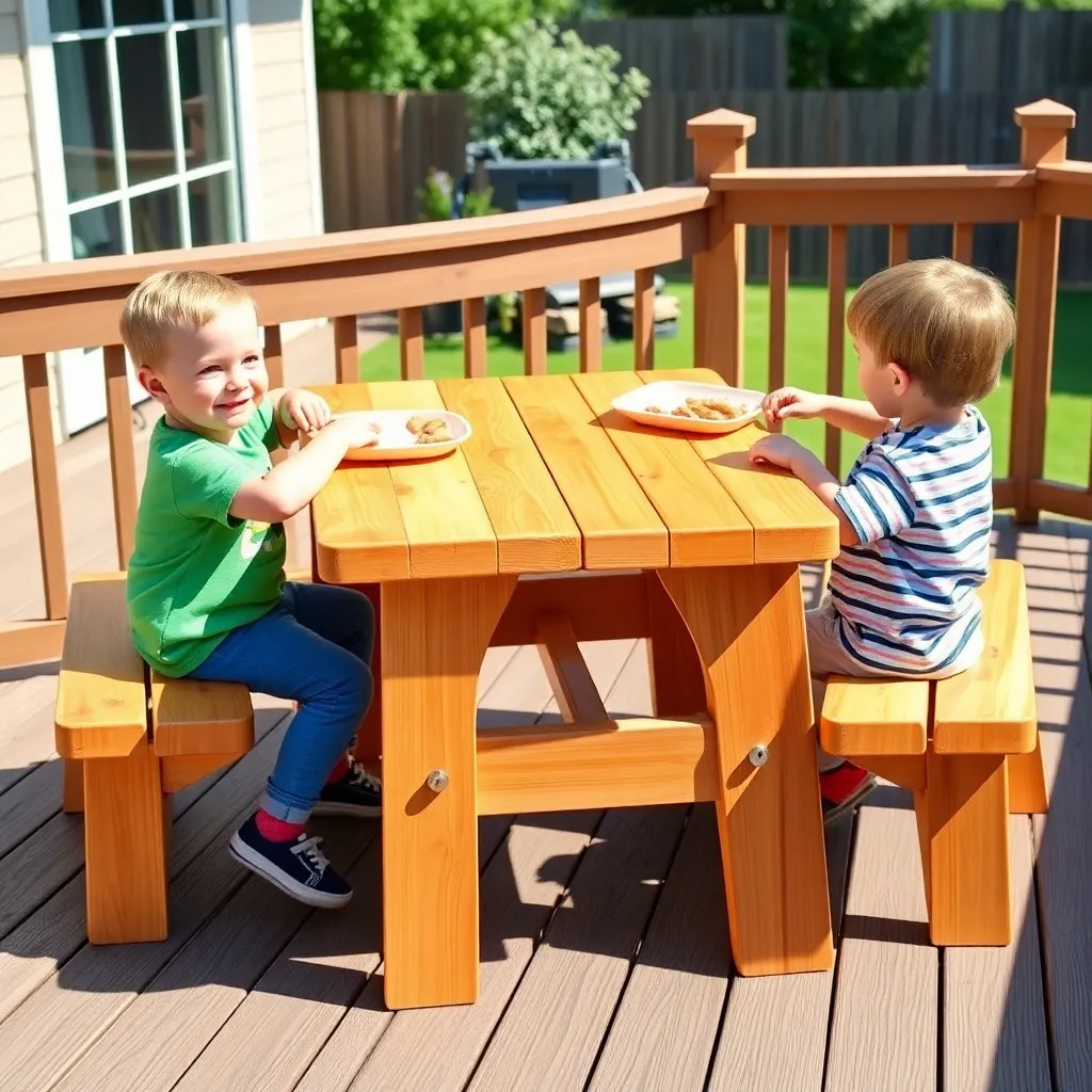 Two young children seated at a small cedar picnic table perfectly sized for them on a sunny backyard deck