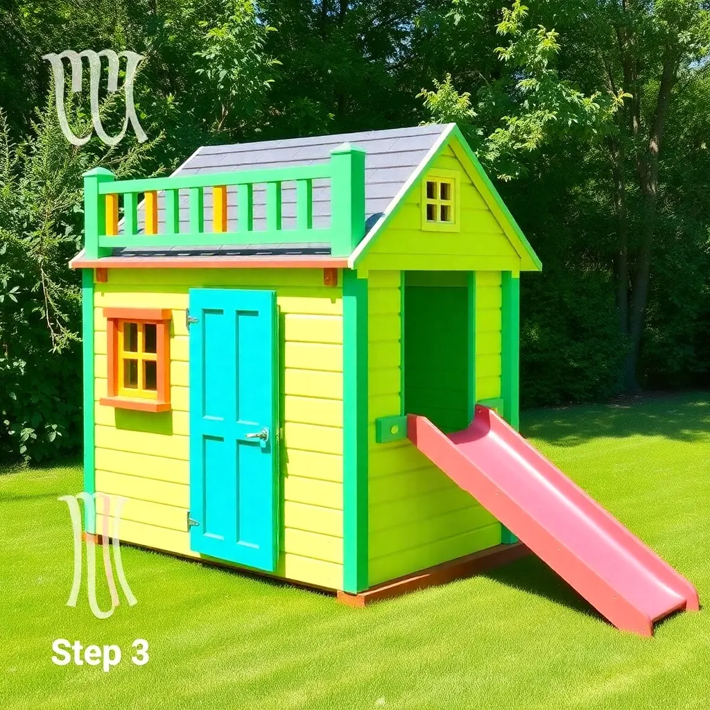 Colorful kids playhouse with loft and slide in backyard - Step 3: Install the Loft and Chalkboard Wall