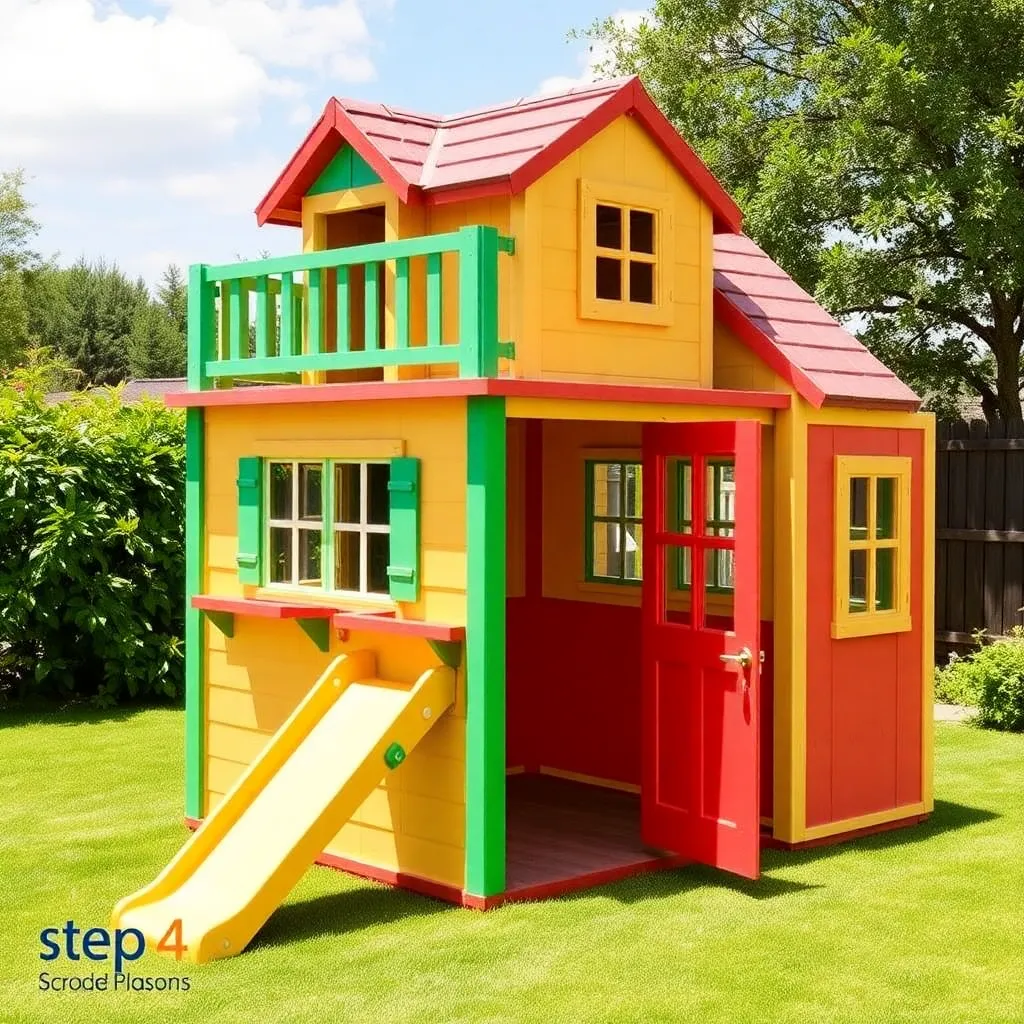 Colorful kids playhouse with loft and slide in backyard - Step 4: Build the Slide and Bench