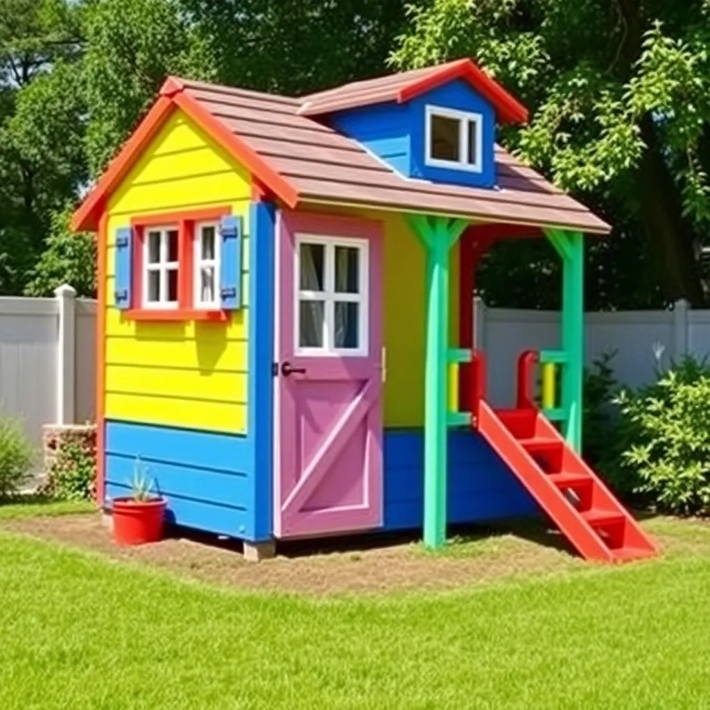Colorful kids playhouse with loft and slide in backyard - Step 5: Roof, Siding, and Exterior Details