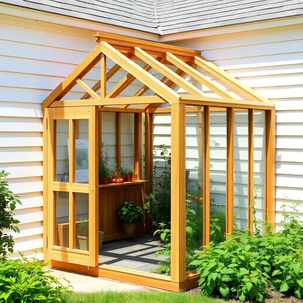 Beautiful cedar lean-to greenhouse attached to white house wall with single-pitch polycarbonate roof and plants inside