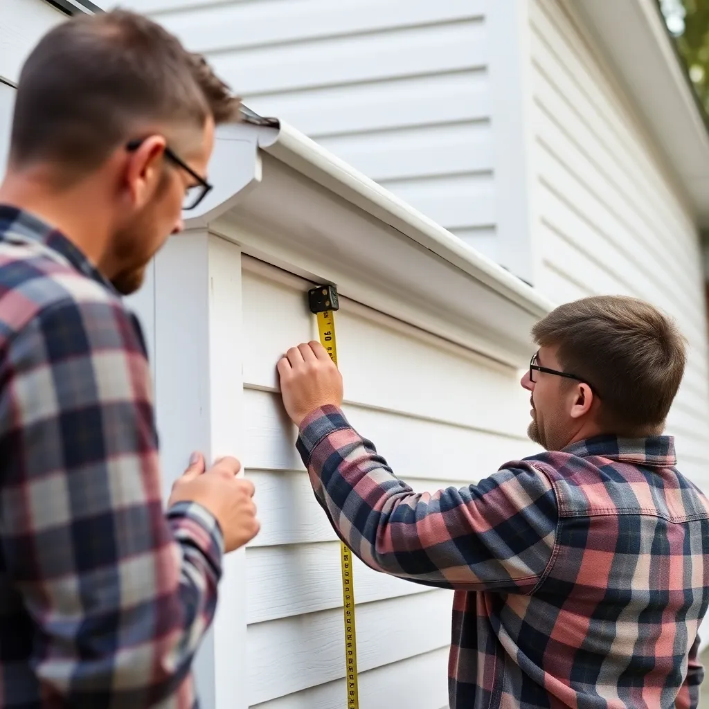 Homeowner marking ledger height on house wall for lean-to greenhouse attachment with chalk line and tape measure