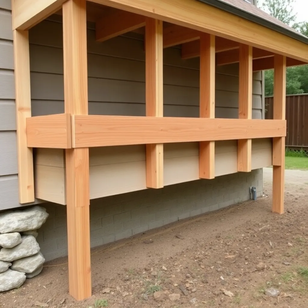 Cedar ledger board being screwed to house wall at 8 feet height with sill plate on ground below