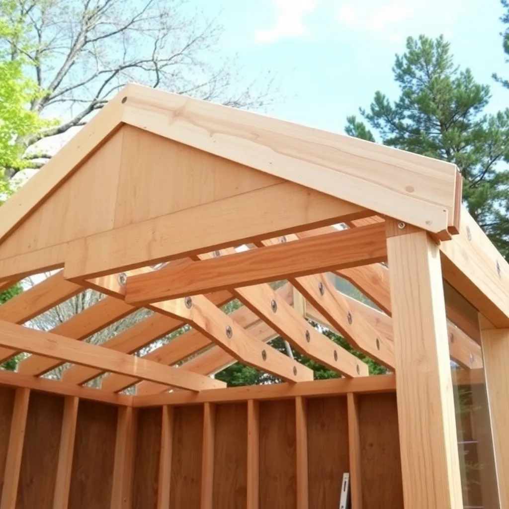 Cedar rafters being fastened from ledger board to front wall top plate on lean-to greenhouse at 4:12 pitch