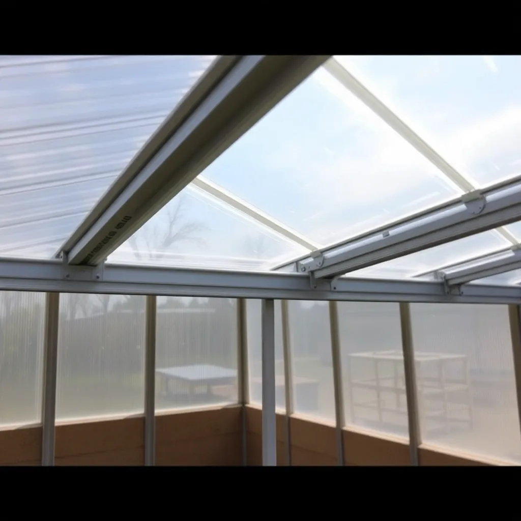 Twin-wall polycarbonate panels being installed on lean-to greenhouse with aluminum H-channels between panels