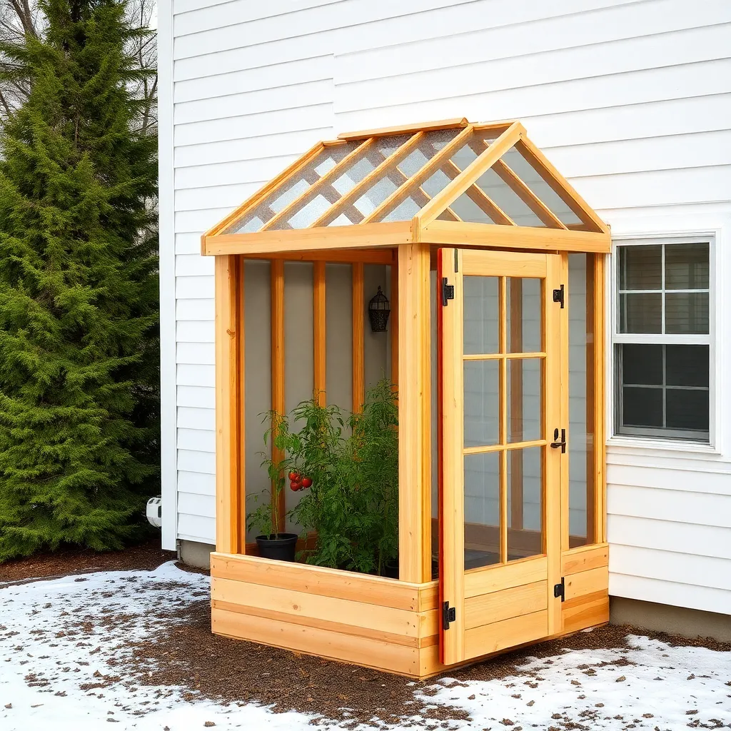 Completed cedar lean-to greenhouse attached to white house wall with polycarbonate and tomato plants inside
