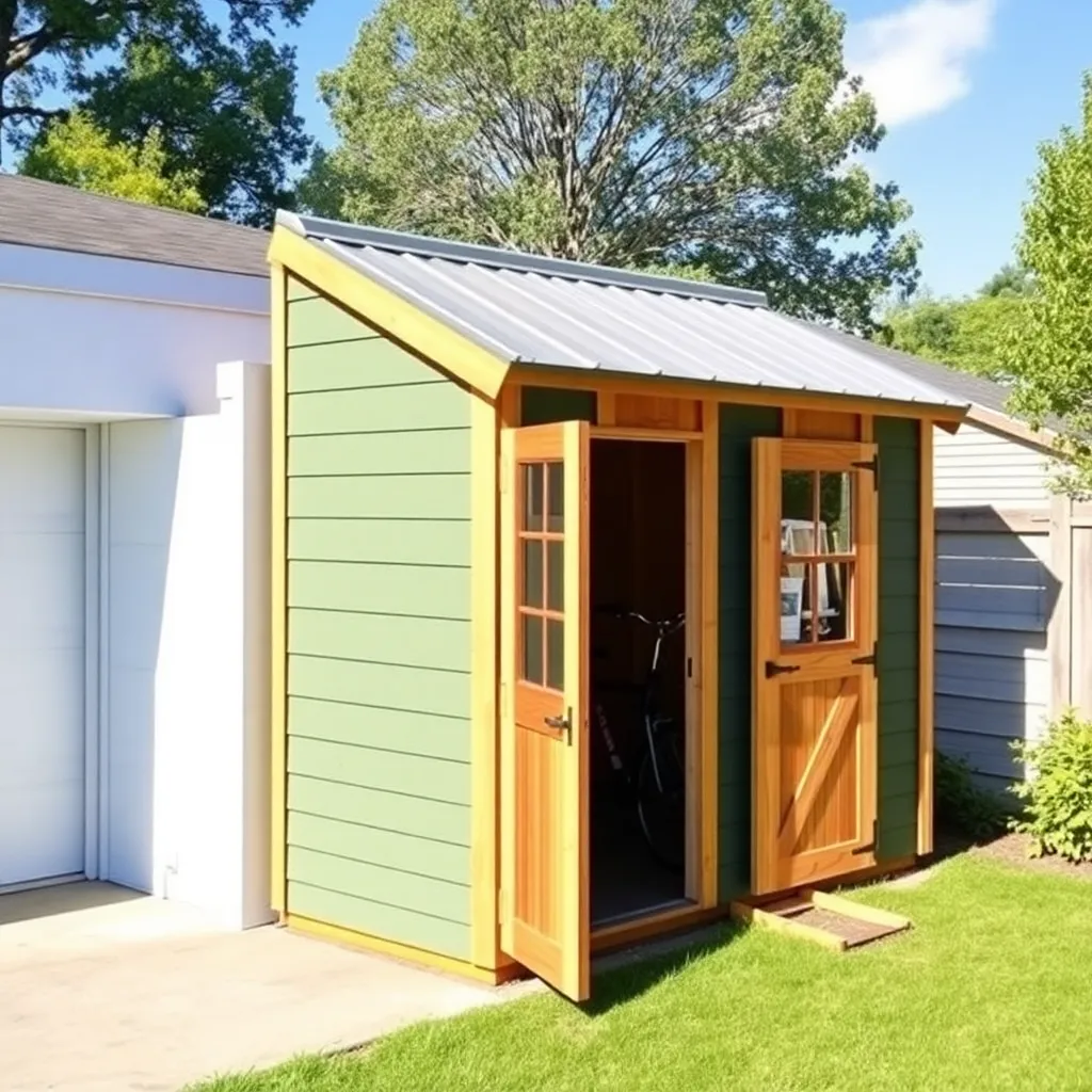 Cedar lean-to shed with metal roof attached to white garage storing bikes and garden tools