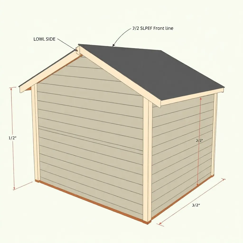 Side view diagram of lean-to shed showing single-pitch roof slope and ledger position on house wall