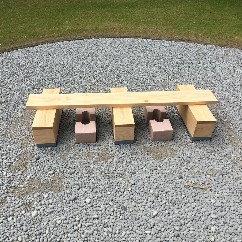 Three pressure-treated skids being leveled on compacted gravel with deck blocks for lean-to shed
