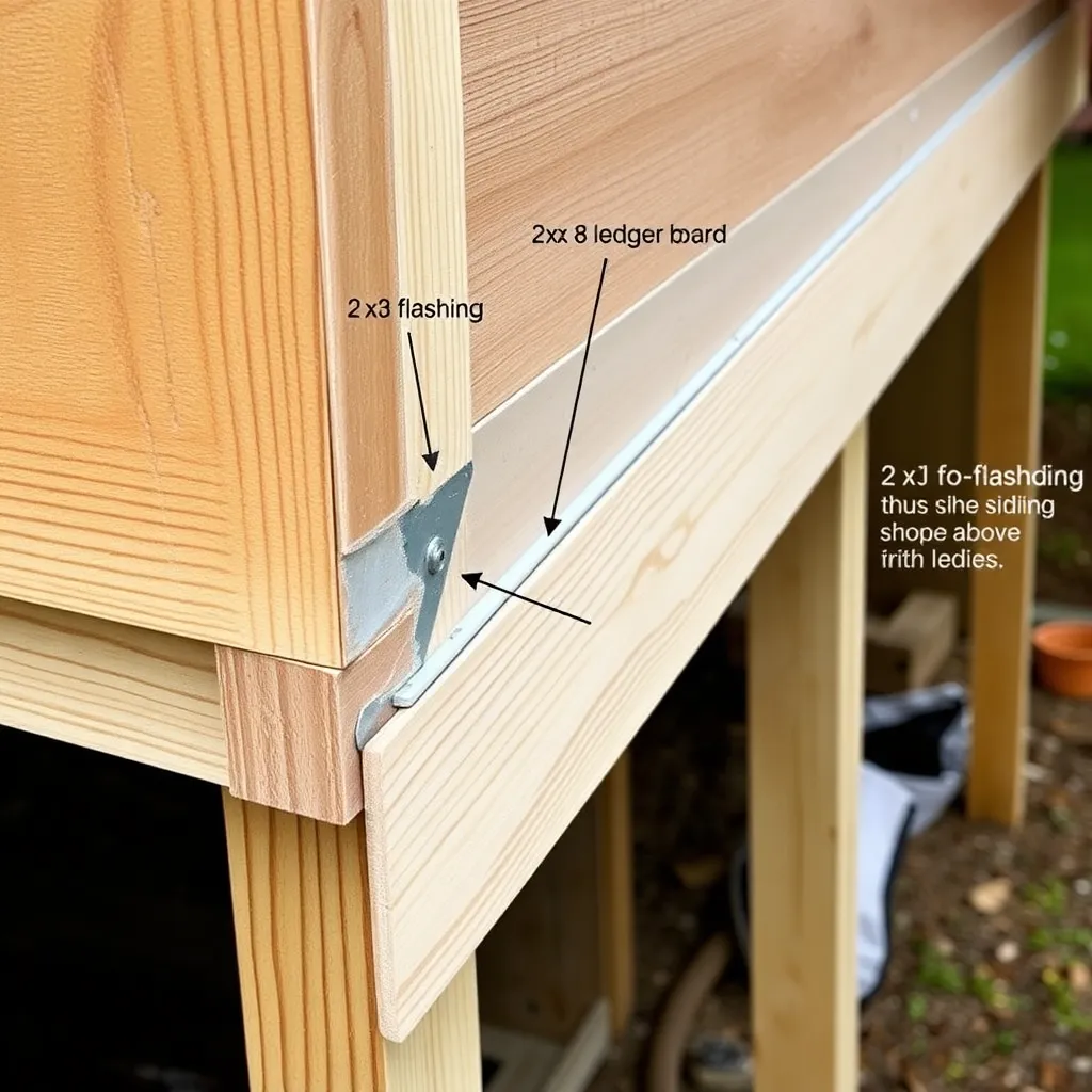 Heavy 2x8 ledger board being lag-bolted into garage wall studs with Z-flashing above