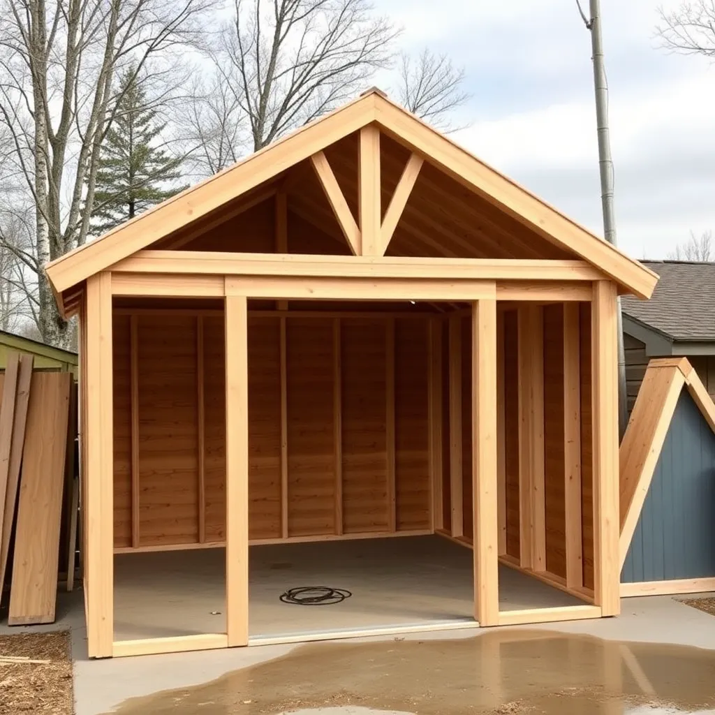 Cedar lean-to shed front wall framed with door opening and triangular side walls on garage floor