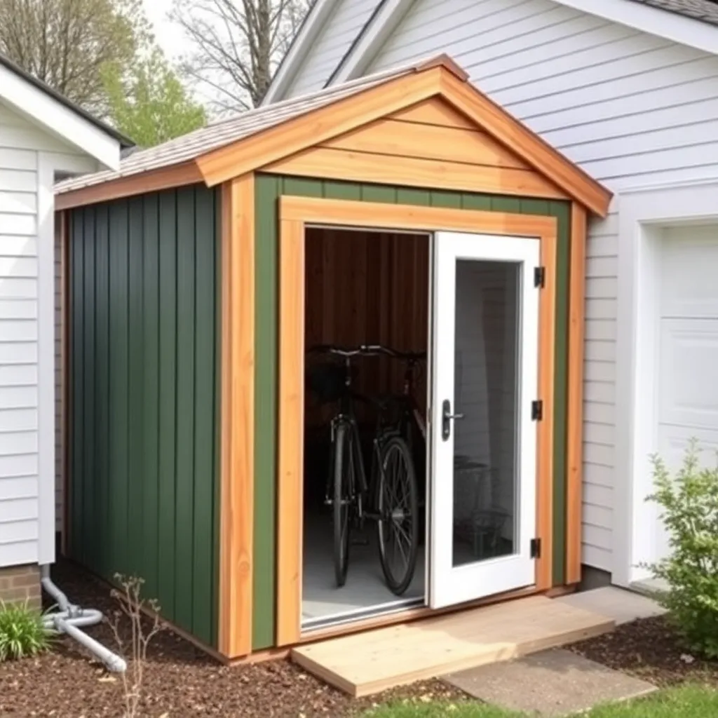 Completed green cedar lean-to shed attached to white garage with bikes visible inside