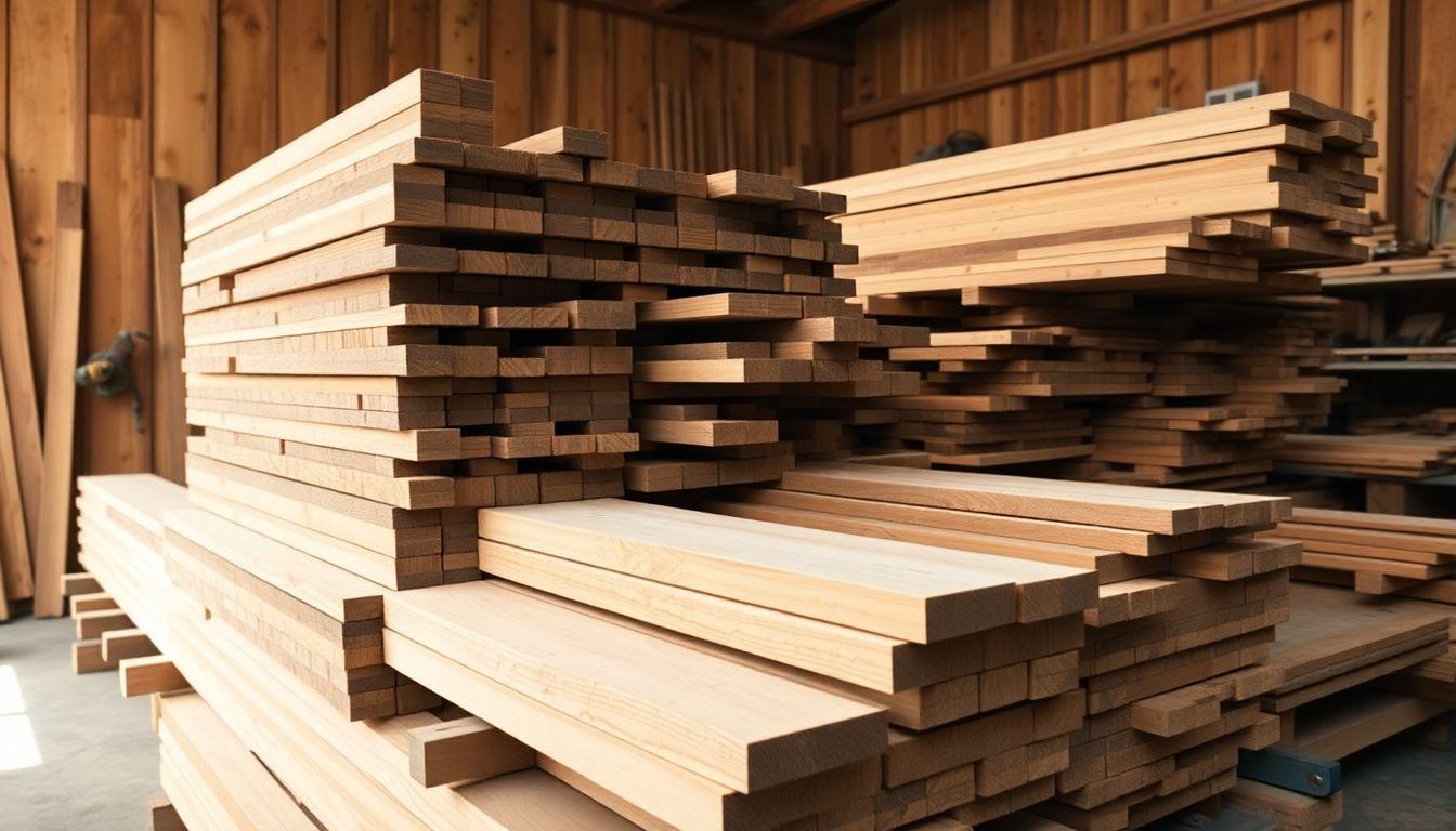 Stacked dimensional lumber boards in a workshop
