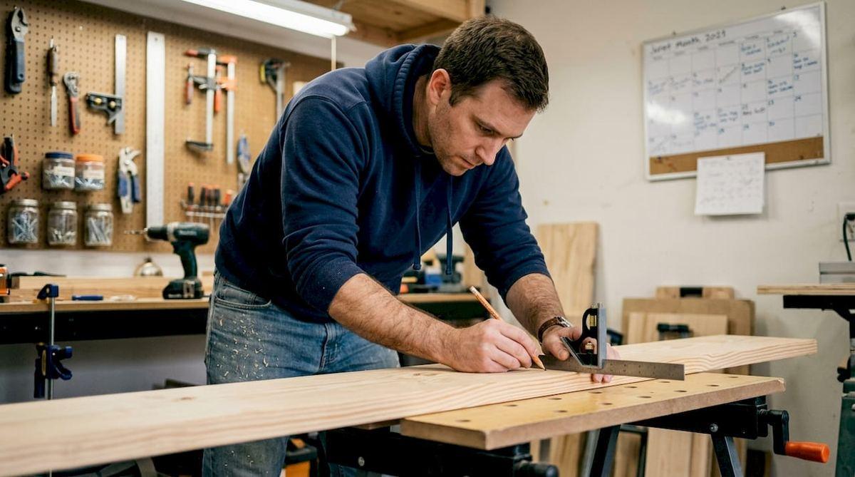 man carefully marking wood for cutting