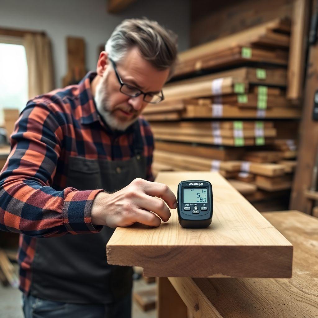 Woodworker using pinless moisture meter on lumber to measure equilibrium moisture content before building