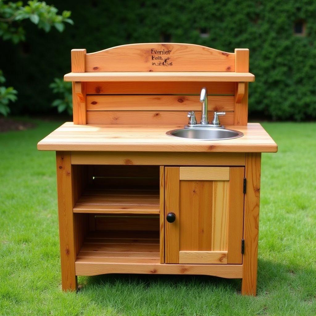 Completed outdoor kids mud kitchen built from natural cedar wood with sink basin and backsplash