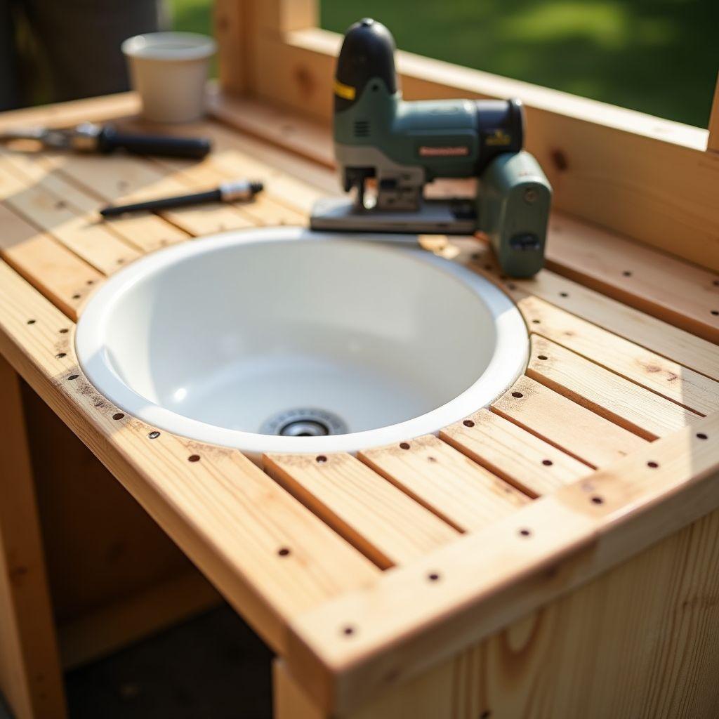 Cedar slat countertop with plastic basin sink installed in mud kitchen cutout
