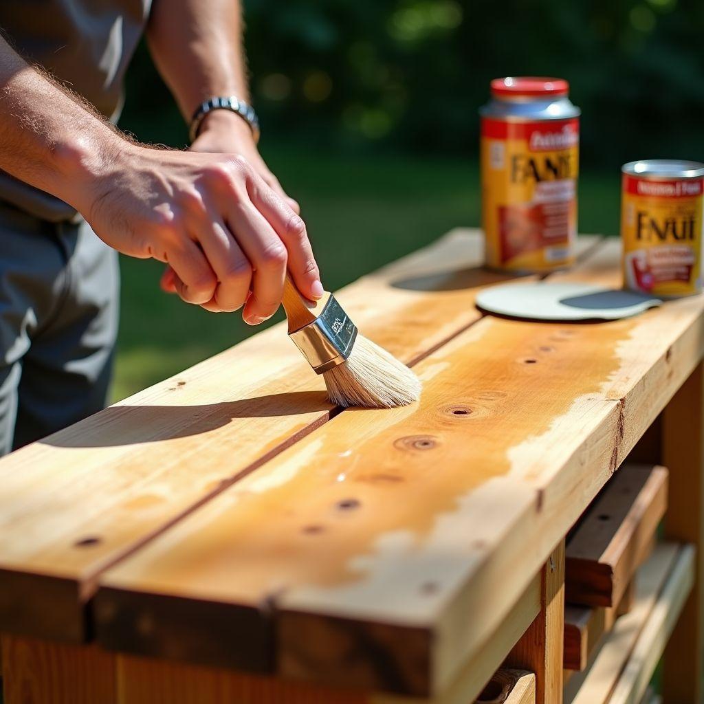 Person applying spar urethane finish to cedar mud kitchen for weatherproofing