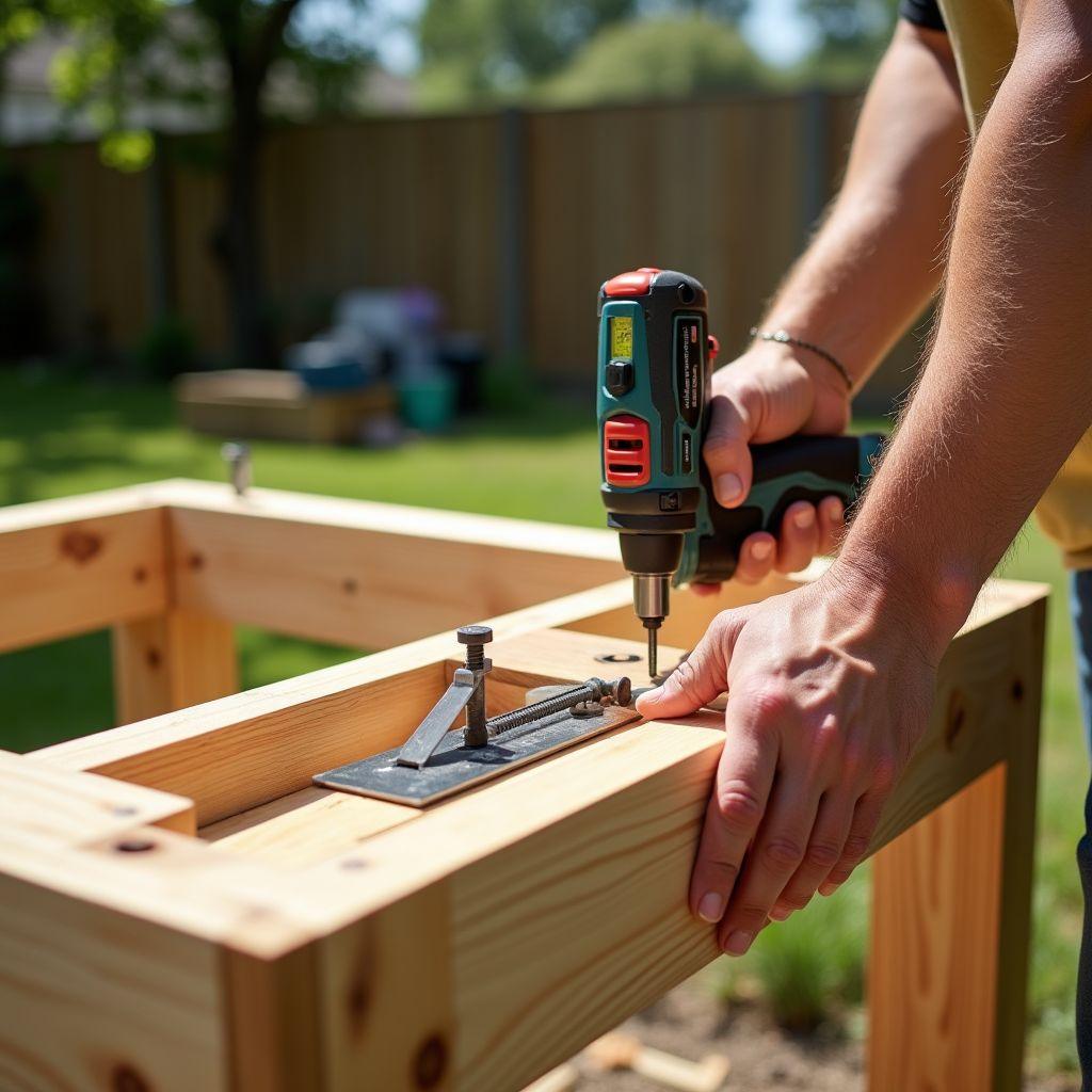 Person assembling cedar 2x4 frame and legs of outdoor mud kitchen with drill and speed square