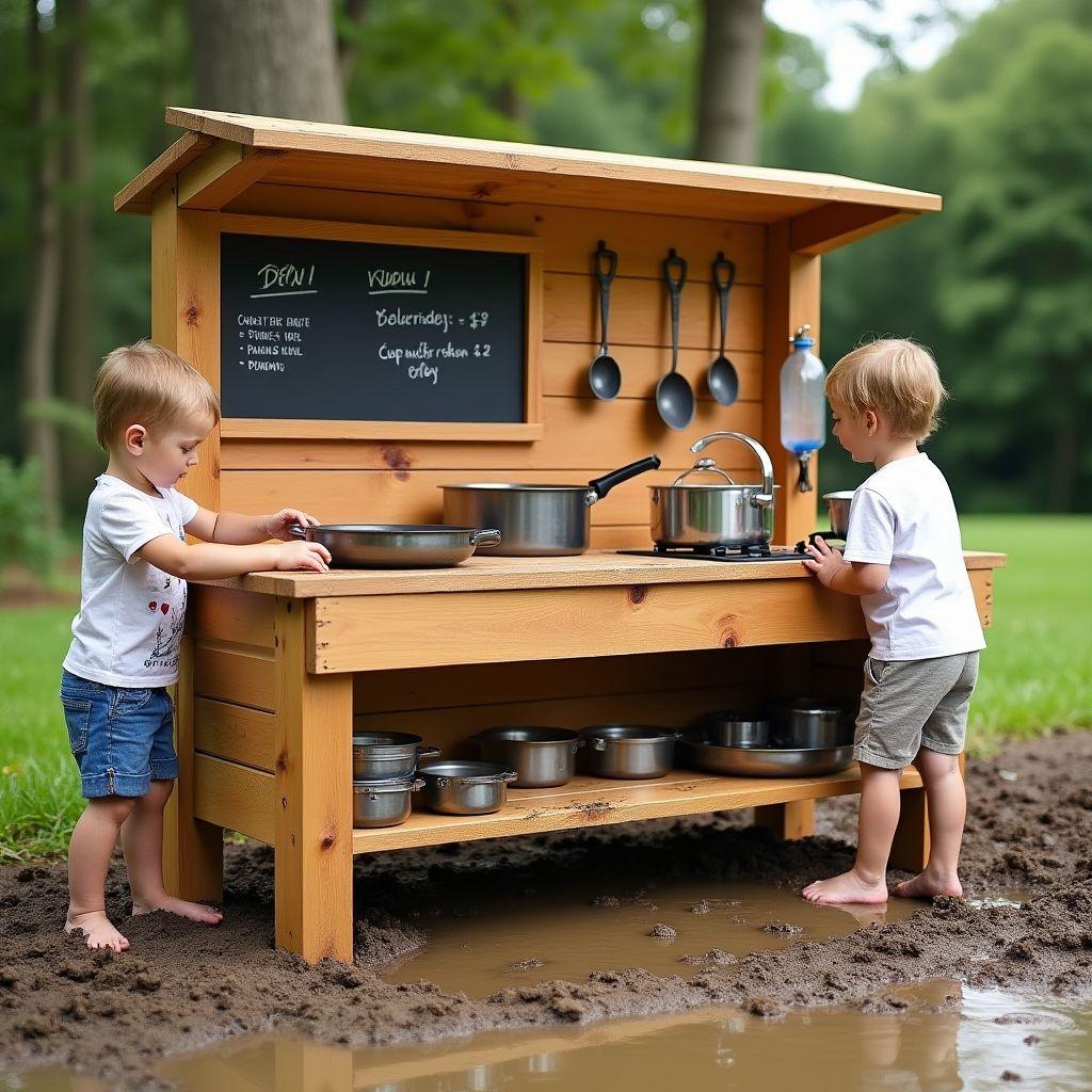 Completed mud kitchen with shelves, chalkboard panel, hooks, and water dispenser with children playing