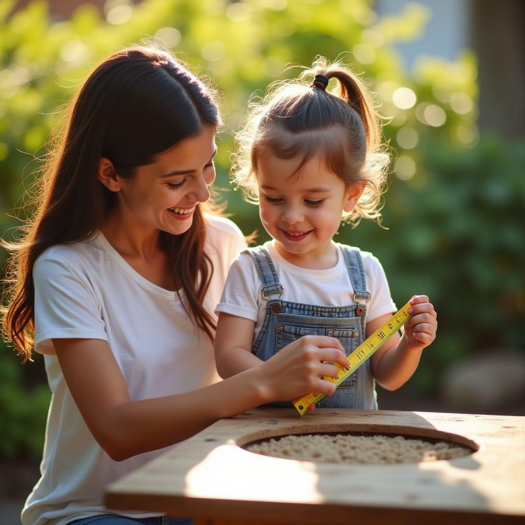 Parent measuring child elbow height next to mud kitchen countertop to determine correct counter height