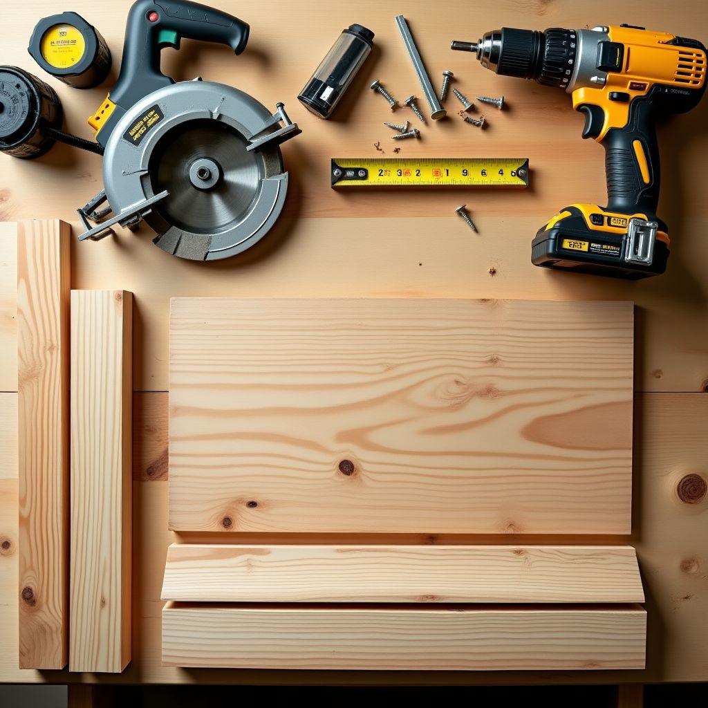 Woodworking tools and cut lumber pieces laid out on workbench for building a mud kitchen
