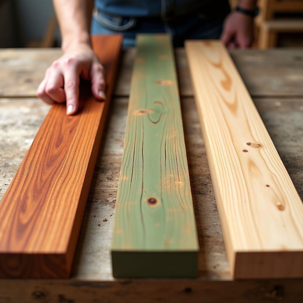 Cedar, pressure-treated, and pine lumber boards side by side showing wood options for mud kitchen