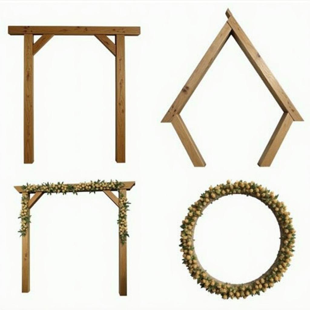 Four DIY wood wedding arch styles compared: square A-frame, hexagon, triangular, and circular hoop