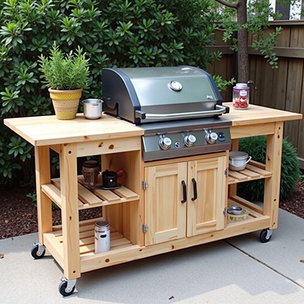 DIY outdoor grill station and BBQ prep table on casters next to gas grill