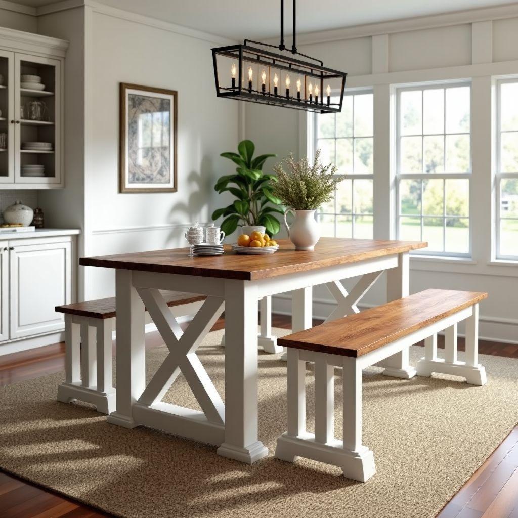 Finished farmhouse dining table with matching bench, two-tone walnut top and white painted base